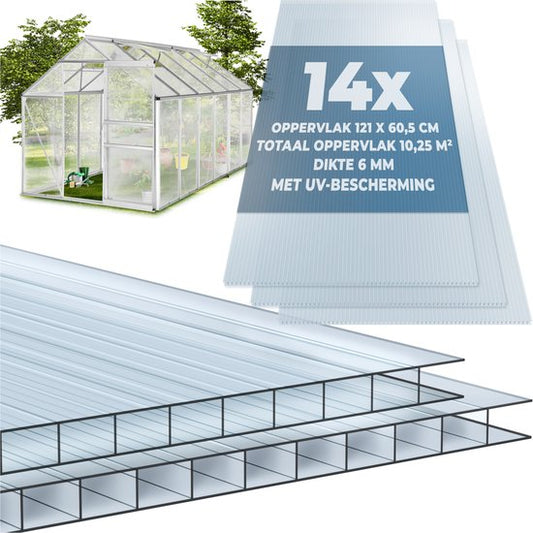 tectake® Set van 14 Polycarbonaat Platen - Stevige Lichtdoorlatende, UV-Bestendige Dubbelwandige Platen - 121 x 60,5 cm - 10,25m² totaal - Transparant - Broeikas Tuinkas Plaat - 6 mm dik