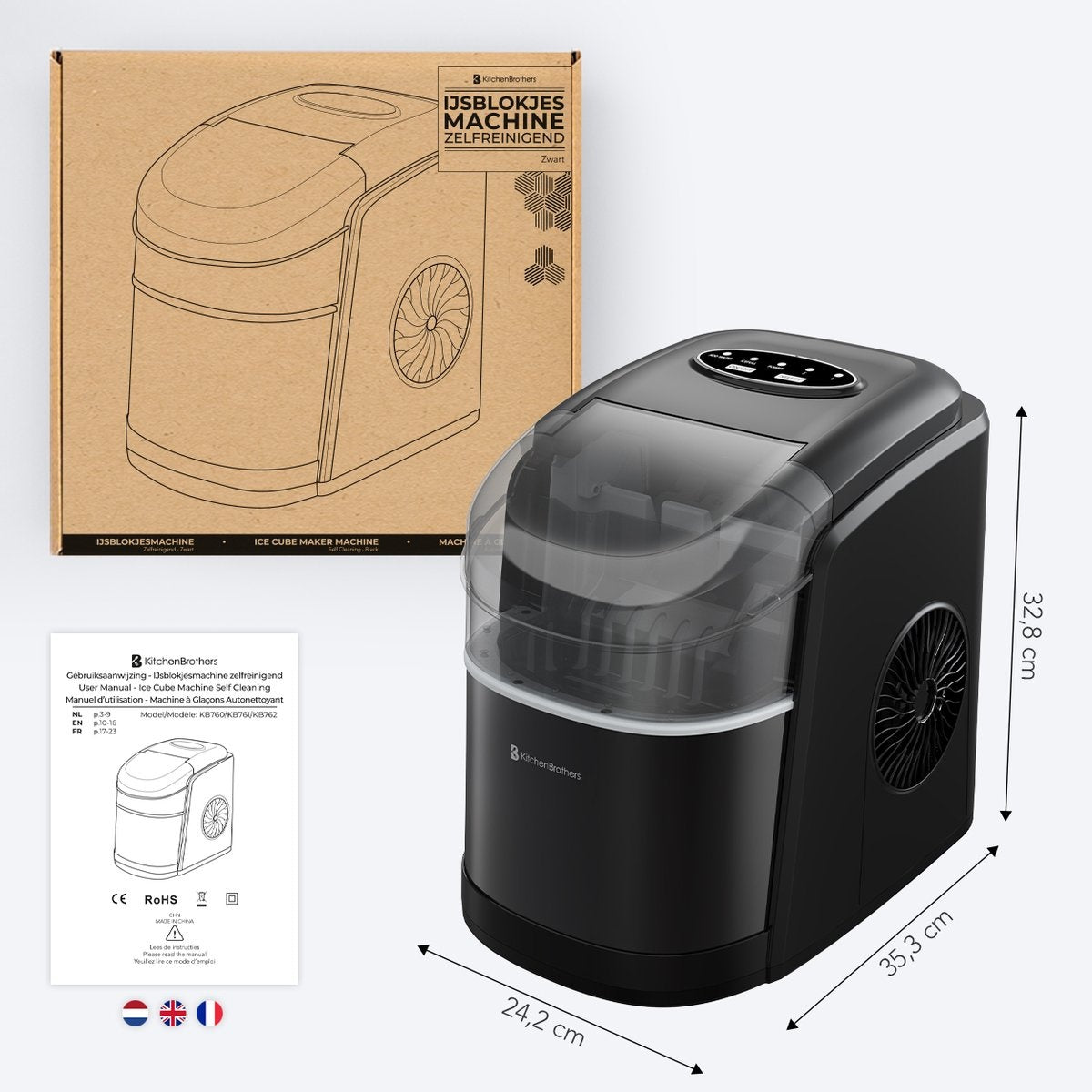 KitchenBrothers IJsblokjesmachine - 1.6L - 8 min. - 12kg/24u - Zelfreinigingsfunctie - IJsblokmaker met IJsschep - Zwart