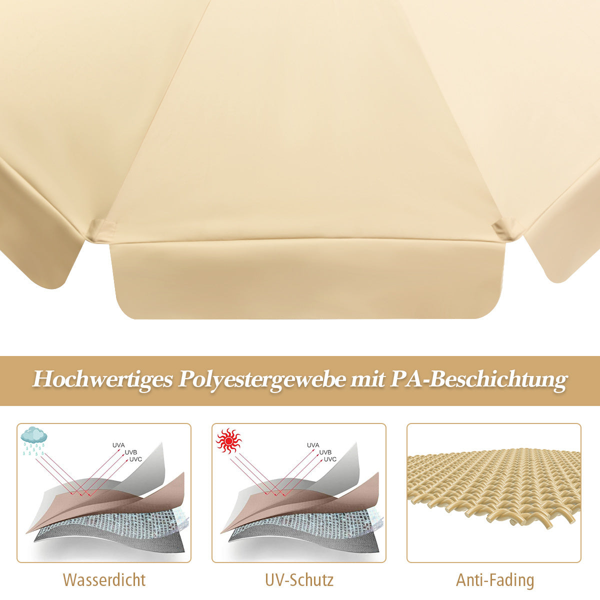 Coast tuinparasol - kantelbaar - waterdicht - met uv-bescherming - hout - 3m - beige