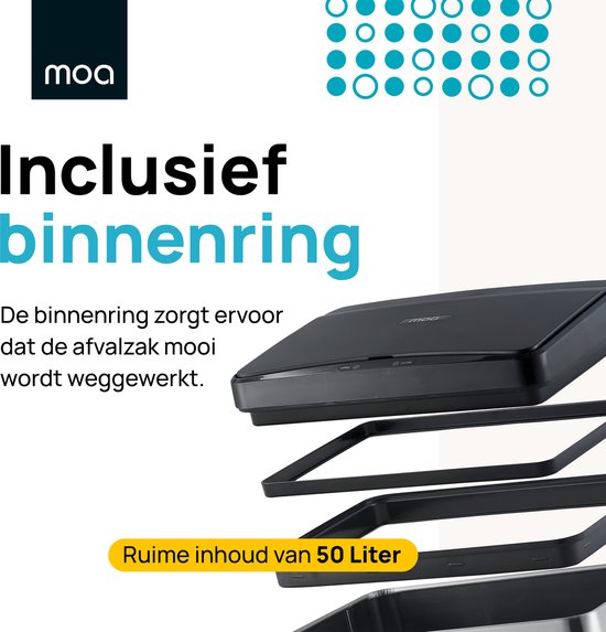 MOA Sensor Prullenbak 50 Liter - Geruisloze Deksel - Vertraagd Sluiten Modus - RVS & Duurzaam ABS - Afvalbak - Vuilnisbak - Zilver