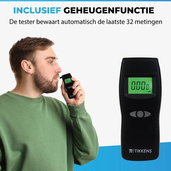 TIKKENS® Digitale Alcoholtester - Geschikt voor Frankrijk, Nederland, België, ... - Alcoholtest - USB Oplaadbaar - Blaastest Alcohol - 10 Extra Mondstukjes - Zwart