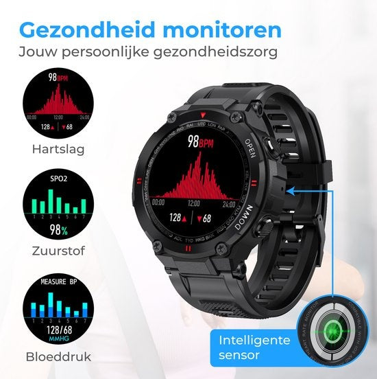 Nuvance - Outdoor Smartwatch - IP67 Waterdicht - Bluetooth Smartwatch voor Dames en Heren - Smartwatches - Sporthorloge met Stappenteller, Calorie Teller, Slaap meter - Geschikt voor alle Smartphones