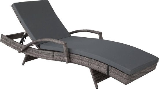 tectake® - Wicker ligstoel ligbed zonnebed - Verstelbare rugleuning (5 standen) - Incl. ligkussen met wasbare hoes - grijs - poly-rattan
