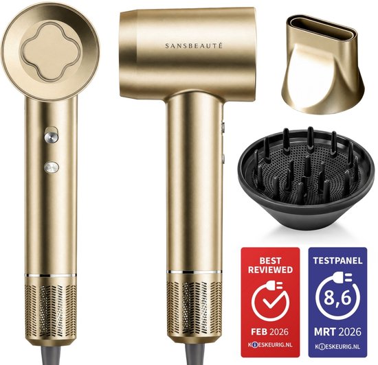 Sansbeauté® Föhn met Diffuser - Krullen - 110.000RPM - Ionische Haardroger met Borstel - 3 Standen - 3 Opzetstukken - Reisföhn - Sèche Cheveux - Krul Feun Set - Haarföhn met Defuser - Hair Blow Dryer - Kappersfohn - 2000W