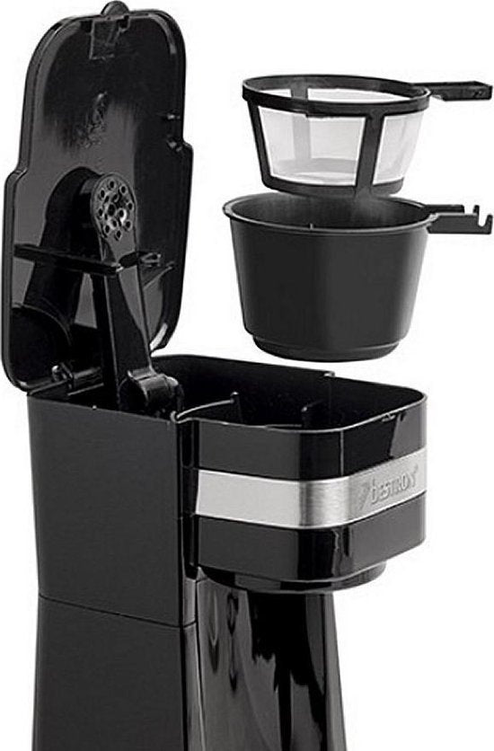 Bestron Koffiezetapparaat met thermosbeker, voor gemalen filterkoffie & ideal voor camping, 2 grote koppen, 750 Watt, rvs, Kleur: silver/zwart