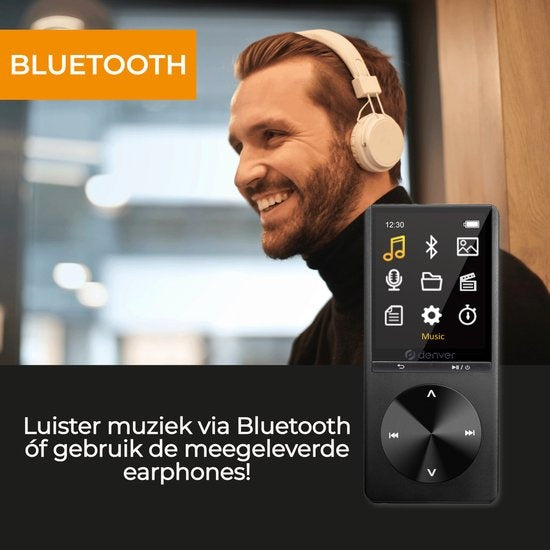 Denver MP3 / MP4 Speler - Bluetooth - USB - Shuffle - SD Kaart Slot tot 128GB - Incl. Oordopjes - Voice recorder - Dicatafoon - MP1820 - Zwart