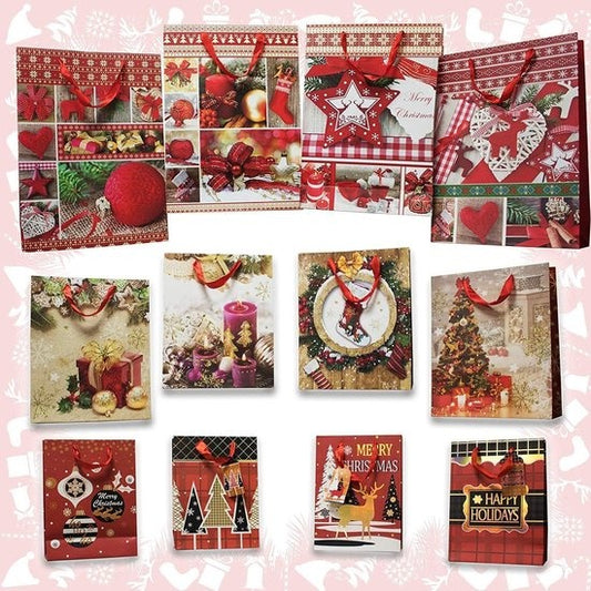 Assortiment van 12 kerstcadeauzakjes met touwhandvaten en bijpassende cadeau-etiketten - 4 Grote (31 x 40 cm), 4 Middelgrote (26 x 32 cm) en 4 Kleine (18 x 24 cm)