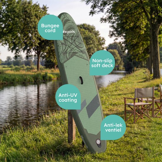 LifeGoods SUP Board Allround Compact - 100 KG Draagkracht - 300 x 76 cm - Opblaasbaar - Compleet SUP pakket - Groen/Legergroen