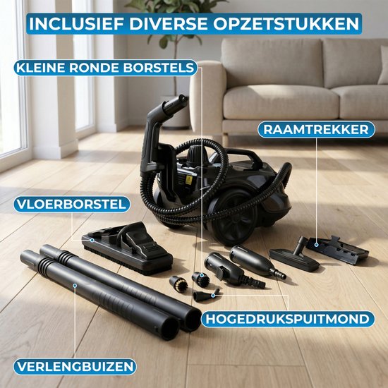 Powell Stoomreiniger - Tapijtreiniger - Handstoomreiniger - Vlekkenreiniger - Stoomapparaat - Reinigingsmachine - Inclusief accesoires - Voor vloer, bank, badkamer, tapijt en ramen - Zwart