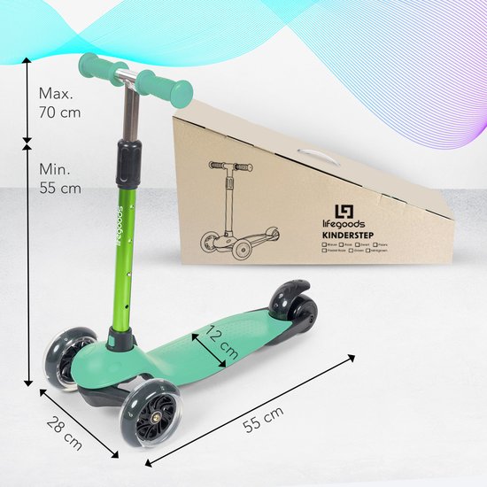 LifeGoods Kinderstep - Step 2-5 Jaar - 3 Lichtgevende LED Wielen - Hoogte Verstelbaar - Jongens/Meisjes - Muntgroen