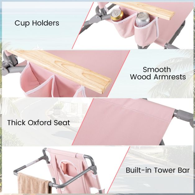 Coast Opvouwbare Strandstoel 66 x 149 x 56 cm - 3-in-1 - Voetsteun/Gezichtsopening - Roze