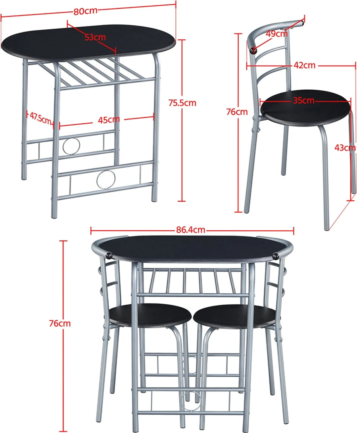 Yaheetech Eethoek Set Van 3 – Voorzien Van Tafel Met 2 Stoelen En Verstelbare Opbergplank En Waterafstotende Coating – Voor Keuken En Eetkamer – Zwart Metaal En MDF – 80 x 53 x 73,5 cm