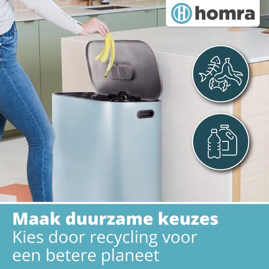 Homra Rockx Prullenbak 60 Liter - Duo Pedaalemmer 2X30L met Geurfilter - RVS Afvalscheidingsprullenbak 2 Vakken - Recycle Afvalbak - Vuilnisbak Keuken - Afvalemmer Afvalscheiding - Dubbele Prullenbakken Blauw