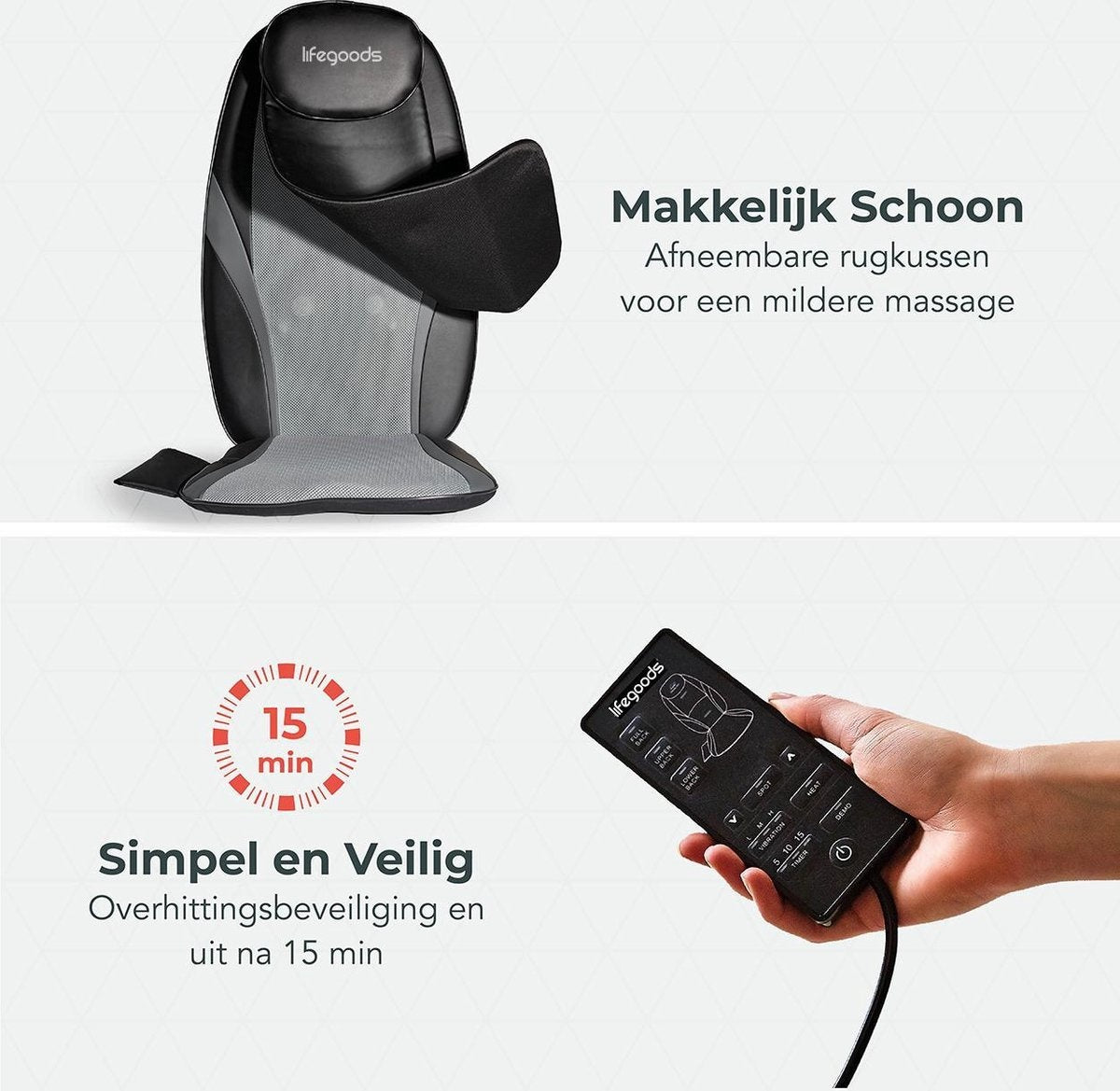 Auronic Shiatsu Massagekussen – 4 Massagekoppen – Warmte- en Vibratiefunctie – 3 Massagezones – Voor Rug, Nek, Heupen & Benen – Zwart