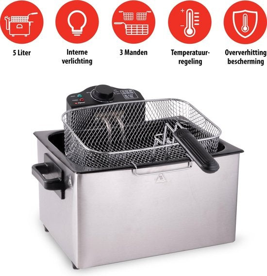 alpina Dubbele Friteuse - Frituurpan 5 Liter - 3 Frituurmanden - 2000W - RVS
