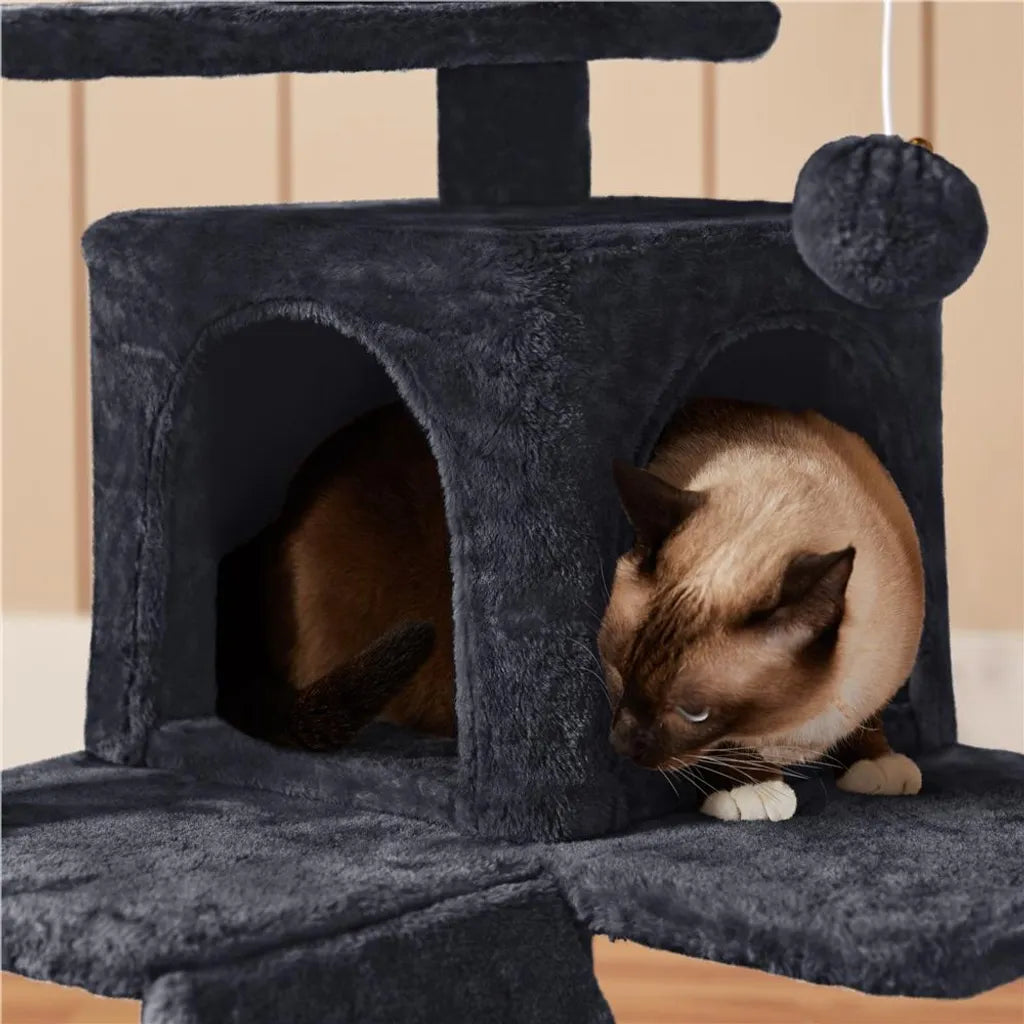 Yaheetech Kattenkrabpaal- 139 cm Hoog - 3 Uitkijkplatformen - 2 Knusse Kattenverblijven - Zwart