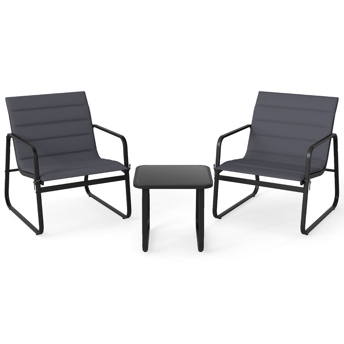 Coast 3-delige tuinset - buitenstoelen met afneembare kussens - bijzettafel met gehard glas - grijs en zwart