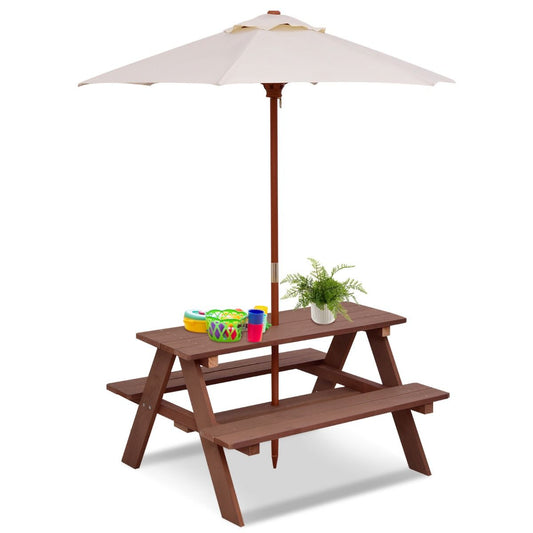 Coast Kinderpicknicktafel - 3-in-1 buitentafel met afneembare paraplu - houten banken - walnootkleur