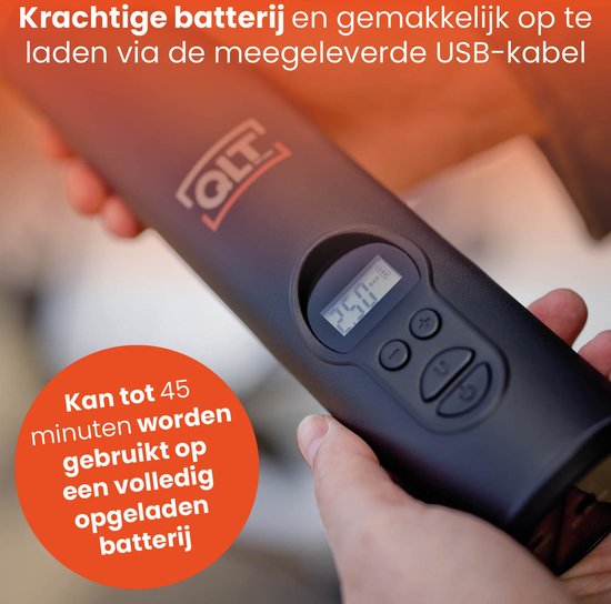 QLT Draadloze Luchtcompressor met LED Verlichting - Elektrische pomp - Inclusief USB-Oplaadkabel en 4 Opzetstukken - 10,3 Bar - LCD-display - Zwart