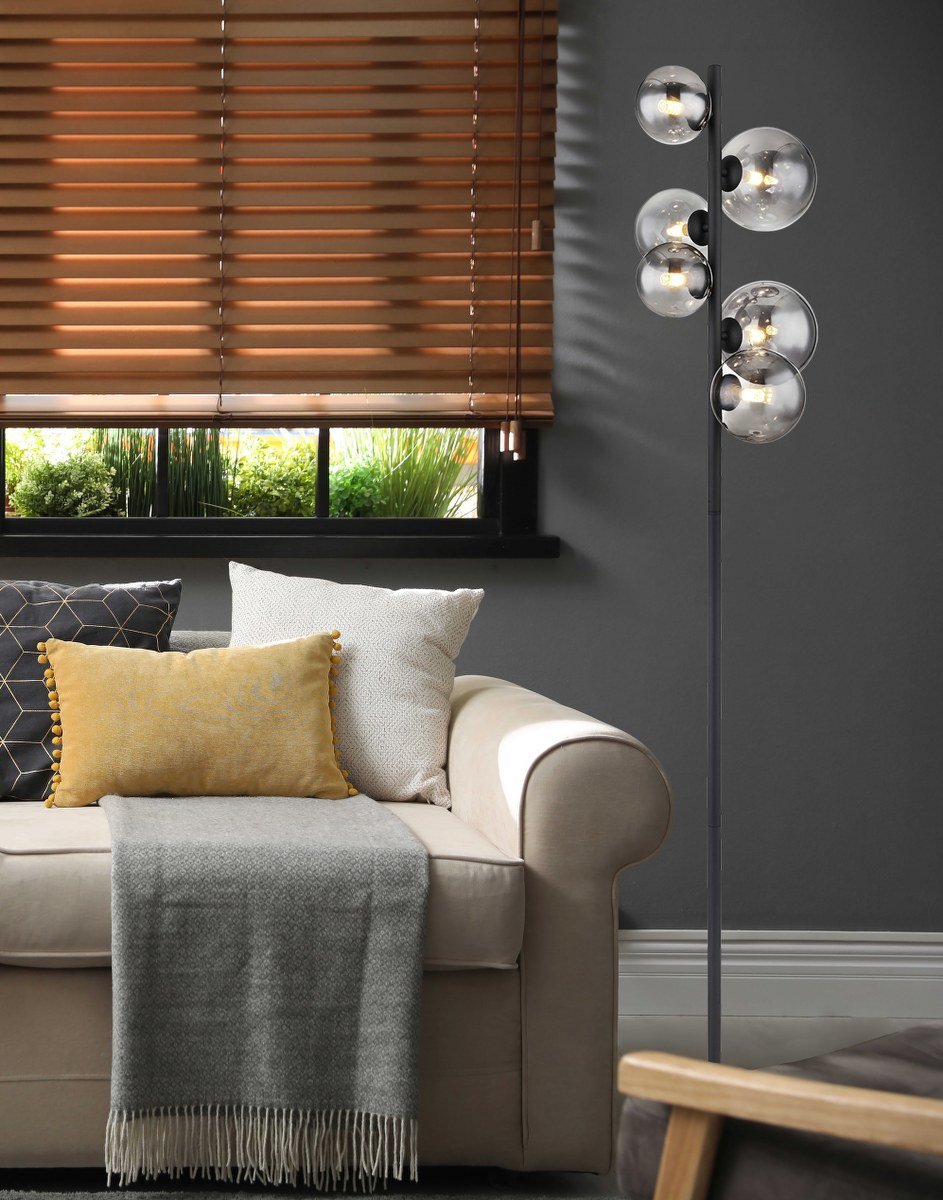 Globo Riha Vloerlamp - Zwart Metaal met Rookglas - 155 cm - 6xG9 LED