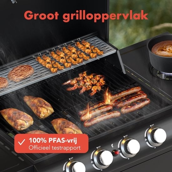 KitchenBrothers Gasbarbecue Incl.  Zijbrander - 5 Branders - Met Gasaansluiting - 42x57cm Grilloppervlak - Zwart