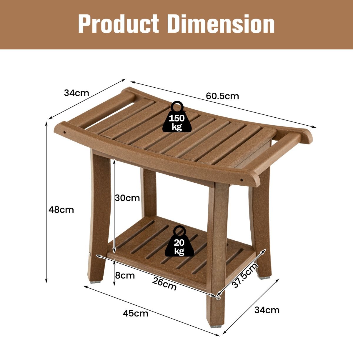 Coast Douchekruk - waterdicht - gebogen zitting - opbergplank - bruin - 60,5 x 34 x 48 cm