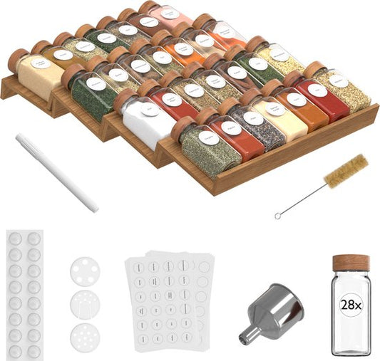 Noswo Kruidenrek Lade met 28 Potjes - Complete Set - Vierkant - Strooideksel en Labels - Kruiden Organizer - Keukenlade Organiser - Acacia