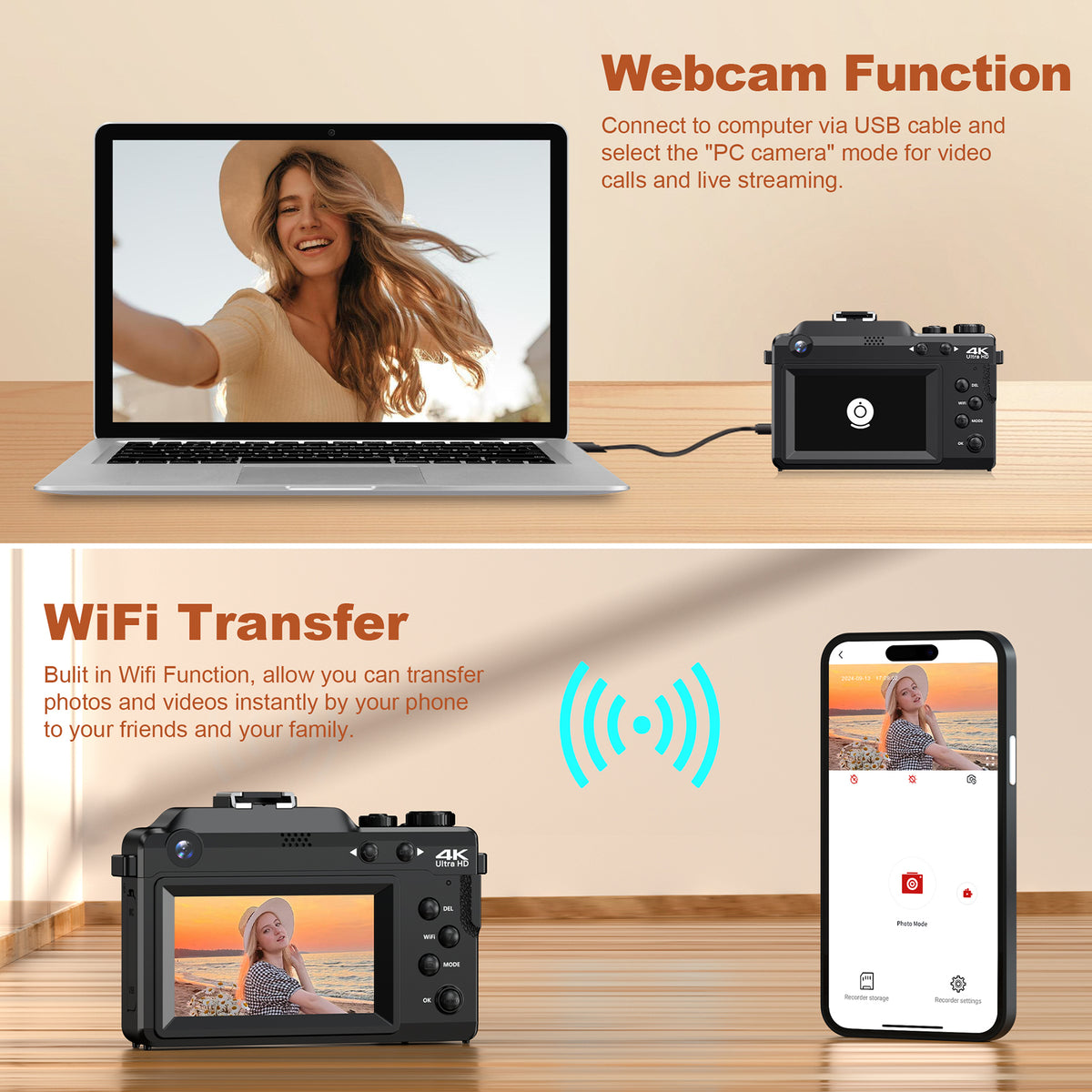 KOMERY X9 digitale 4K-camera - 64 MP - zwart