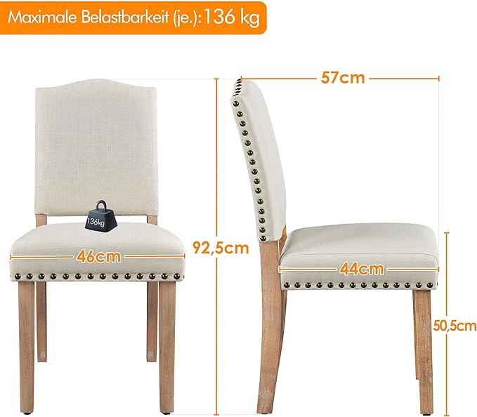Yaheetech Eetkamerstoelen Set van 2 Gestoffeerd met Houten Poten - Beige - Max. 136 kg