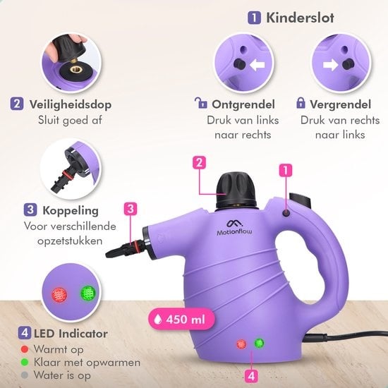 Motionflow 14-in-1 Stoomreiniger - Handstoomreiniger voor kleding - 1150 Watt handstomer - Stoomapparaat vloer, bank & tapijt - Vlekkenreiniger - Tapijtreiniger - 450 ML - 14-Delige accessoires Set