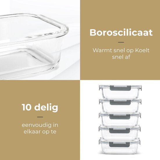 Stosh Meal Prep Bakjes - Vershoudbakjes - Diepvriesbakjes - Luchtdicht - 5 Stuks - 1L - BPA Vrij - Glas