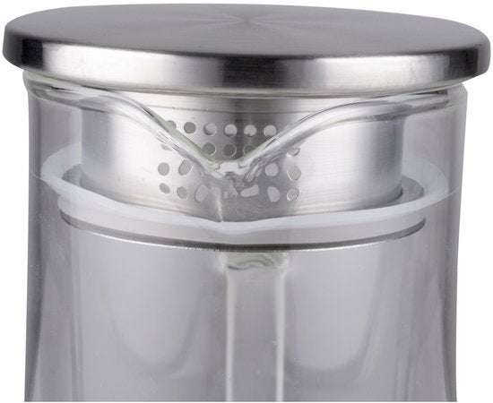 alpina Glazen Waterkan 1.4L - Schenkkan met RVS Deksel en Filter - Karaf van Borosilicaatglas - Transparante Kan voor Koude en Warme Dranken