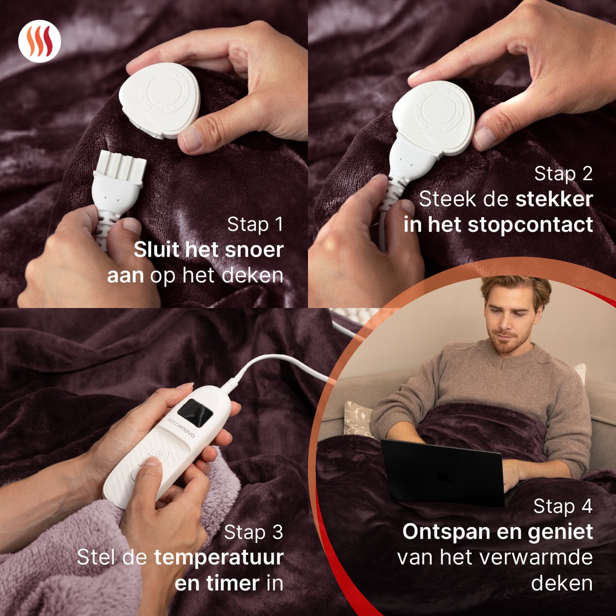 Seranova Elektrische bovendeken XXL - 180 x 160 cm - Fleece & sherpa - Kastanjebruin