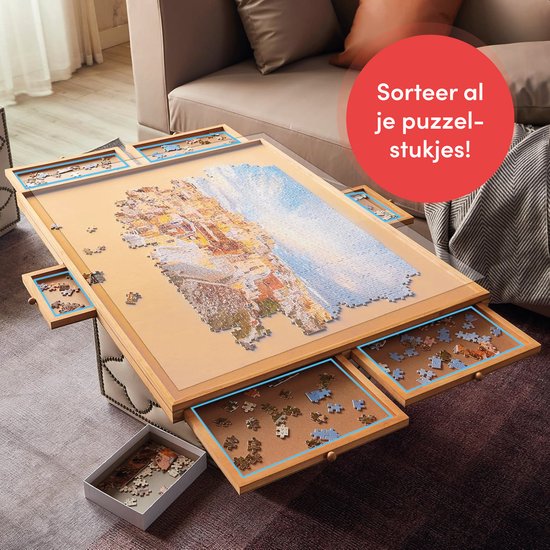 Draaibaar Puzzelbord met Opbergsysteem - 6 lades - 1500 stukjes - Houten - Puzzeltafel - Puzzelplank - Puzzelmap - Puzzelplaat - Incl. Bescherm cover - Puzzel - mat - Koffer - Sorteerbakjes