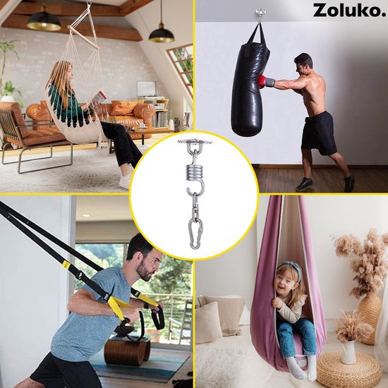Zoluko RVS Ophangsysteem - 300 KG Draagkracht - 360° vrij draaibaar - Geluiddempende Veer - Bokszak Ophangsysteem - Plafondbeugel - Plafondhaak - Ophanghaak - Schroefhaak - Chroom