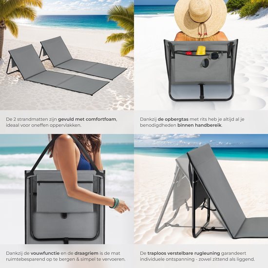 tectake® Strandmat - Set van 2 opvouwbare ligmatten met verstelbare rugleuning, draagriem en opbergvak - Ideaal voor strand, camping of tuin - Lichtgewicht en onderhoudsvriendelijk - Grijs