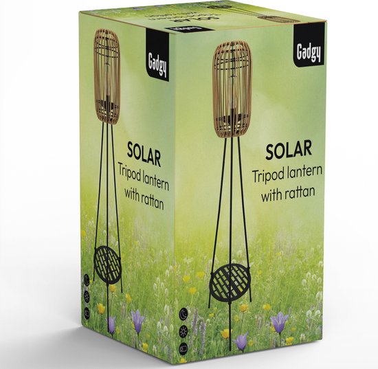 Gadgy Solar Tuinverlichting Staande Lamp Terras - Buitenlamp Zonne Energie Balkon & Tuin - Driepoot Tuinlamp Led Buiten met USB-aansluiting - Tuinverlichting op Zonneenergie - Lantaarn voor Buiten Verlichting - Tuinlampen - Rattan
