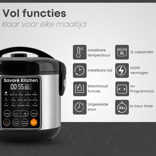 Savoré Kitchen Rijstkoker met Stomer – 3L – 14 Programma’s – Multicooker – Rice Cooker – Slowcooker – PFAS Vrij – Zwart RVS