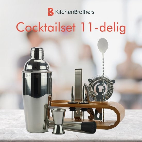 KitchenBrothers Cocktail Set met Cocktailshaker - 11 Delig - Complete Set - Cadeauverpakking - Natuurlijkhout