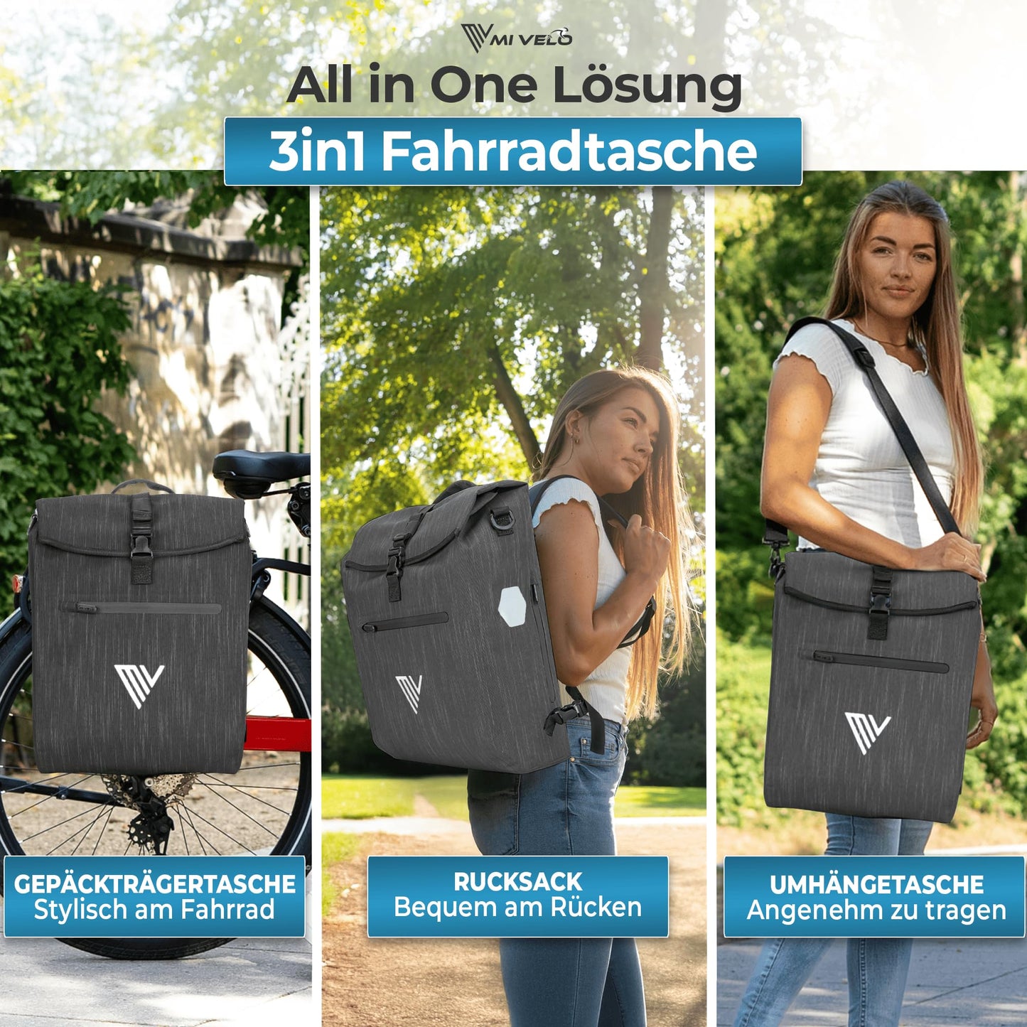 MIVELO 3 in 1 fiets tas - bagagedrager tas en rugzak - 20 liter grafiet - waterdicht - gevoerd laptopvak - reflectoren