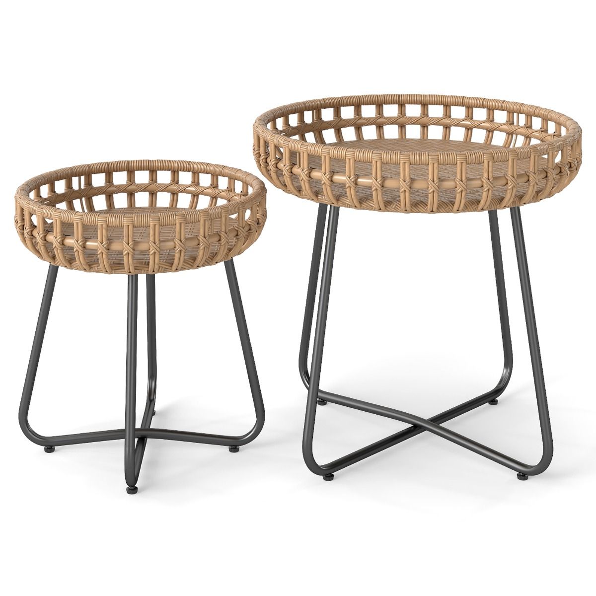 Coast Set van 2 Ronde Salontafels - Handgeweven rotan - Metalen onderstel - Bruin en zwart