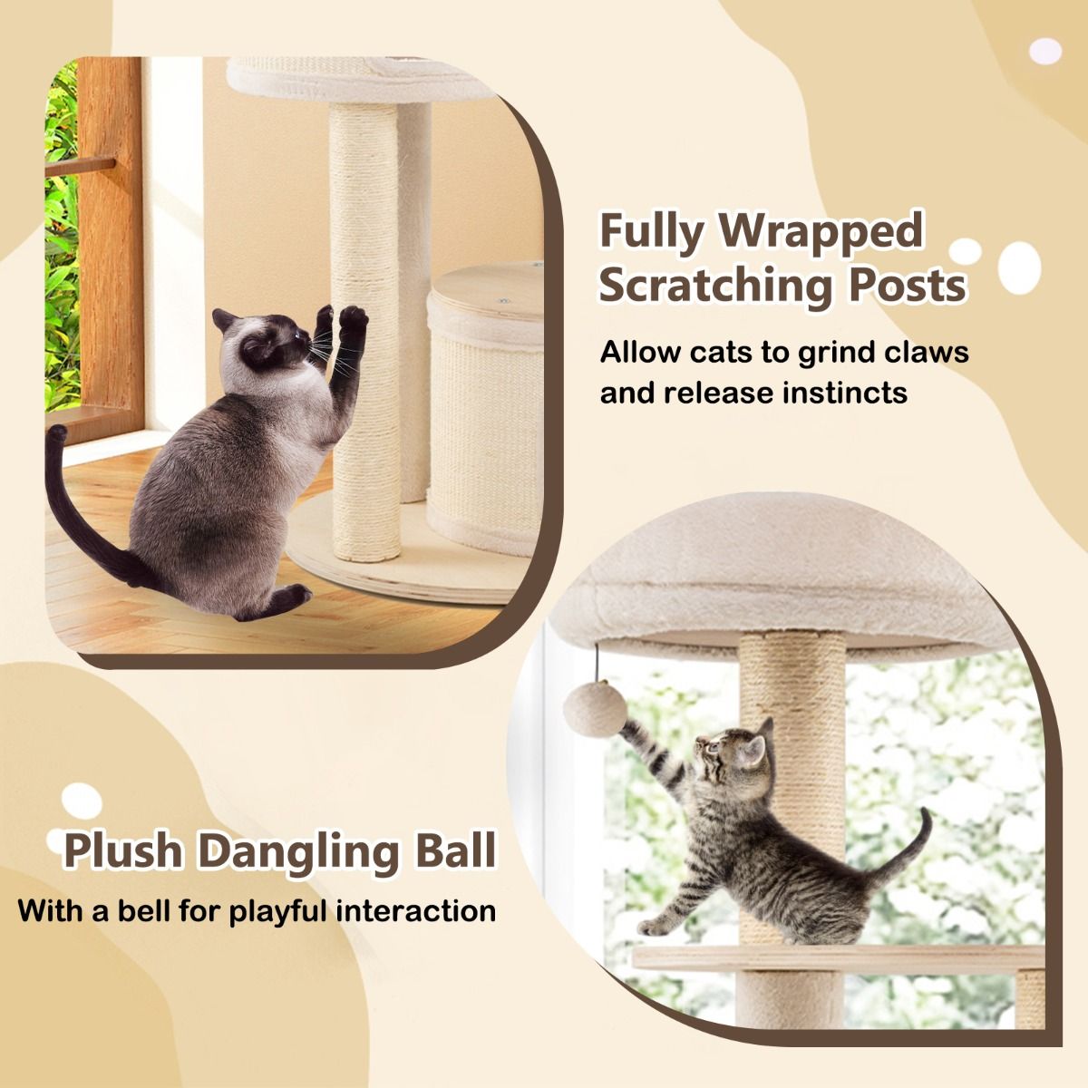 Coast Krabpaal voor katten - 2 kattenhuizen - mand en speelbal - 152 cm - natuur