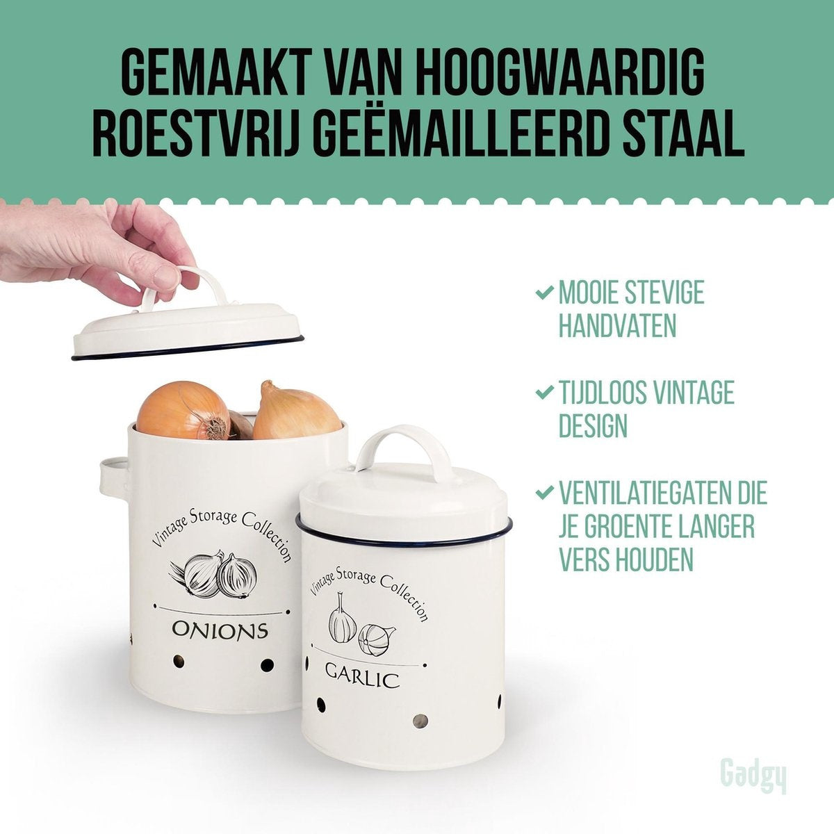Gadgy Voorraadpotten Set van 3 stuks - Aardappelpot - Uienpot - Knoflookpot – INCL Deksel – Bewaardoos