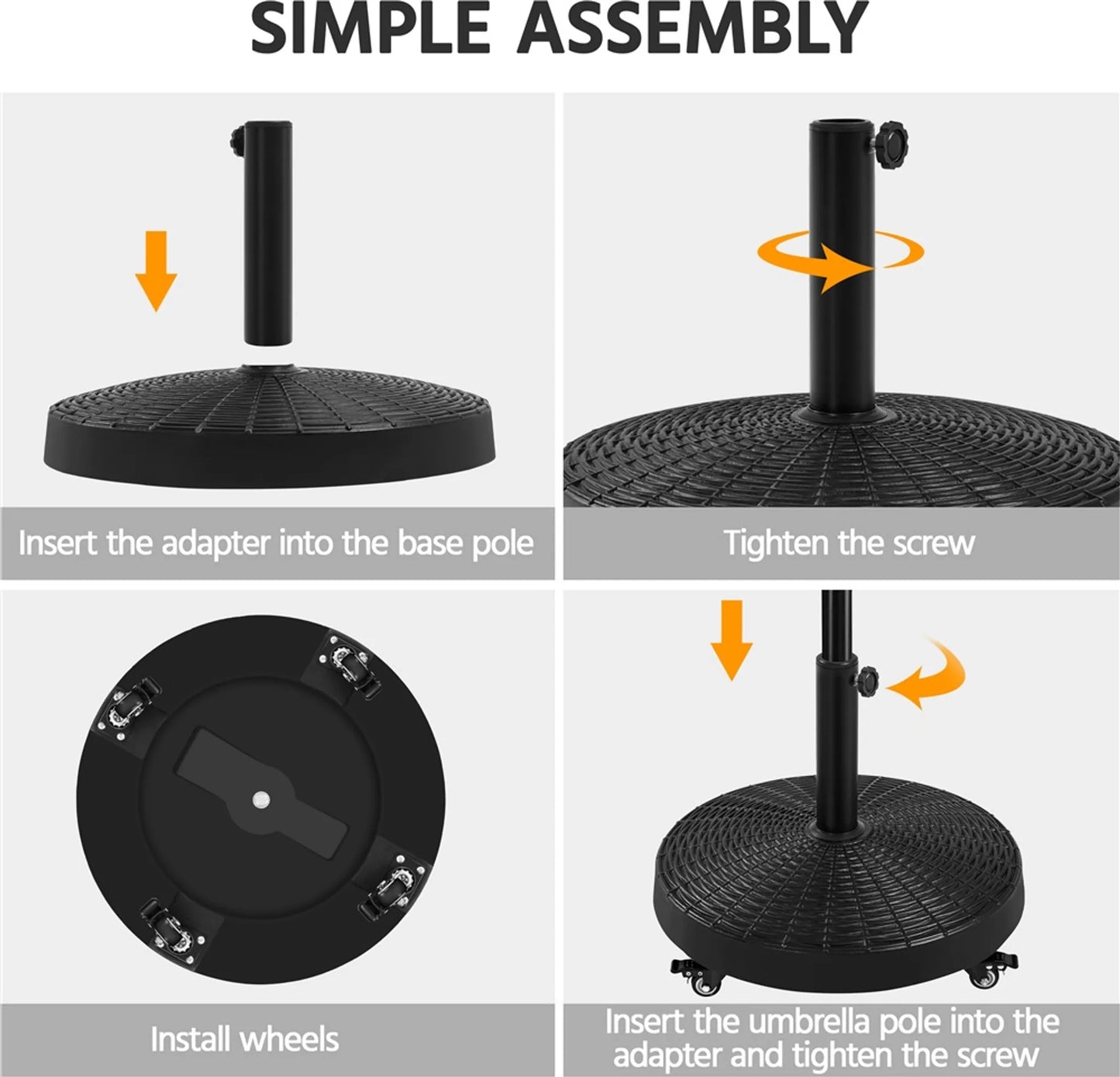 Yaheetech Parasolvoet Op Wielen 24 kg – Voorzien Van 4 Zwenkwielen Met Rem En Twee Adapters Voor Ø 38 mm En Ø 48 mm – Voor Terras En Tuin – Zwart Kunsthars En Metaal – 52 x 52 x 42 cm