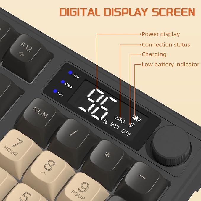FREEWOLF M96 Draadloos Gaming Toetsenbord, Knop Bediening Bluetooth/2.4G Draadloos Mechanisch Gevoel Toetsenbord, RGB LED-Backlit met scherm, PBT Keycap, 3000mAh, US Layout voor Win/Mac-Flikkering