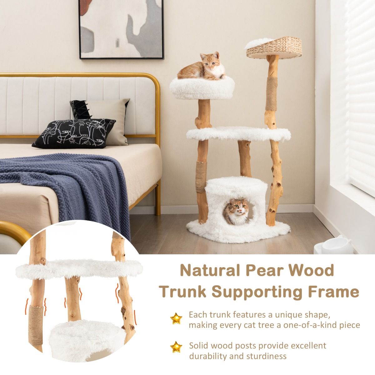 Coast Krabpaal voor Katten - Massief hout en jute - 5 verdiepingen - Naturel en wit - 124 cm
