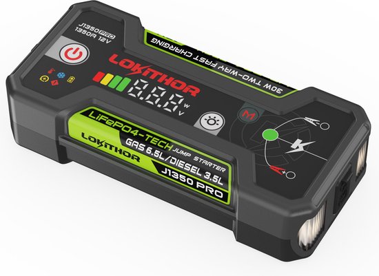 Lokithor Jumpstarter J1350 PRO - 12V 1350A LiFePO4 - Powerbank 30W - Voor Auto, Benzine tot 6,5L & Diesel tot 3,5L - LED Zaklamp