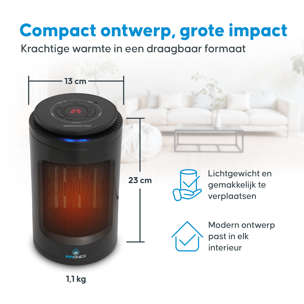 Aironex - Keramische Kachel - Model K1000 - 1200 W - Met Afstandsbediening & LCD-display - Omvalbeveiliging & Draaibaar - Kunststof - Zwart