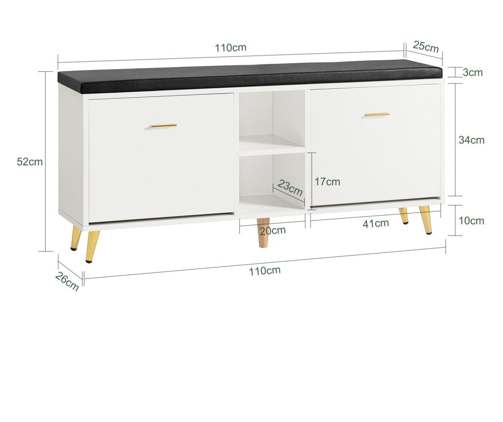 SoBuy Schoenenbank Wit - 110 x 26 x 52 cm - Met Zitkussen en Opbergruimte