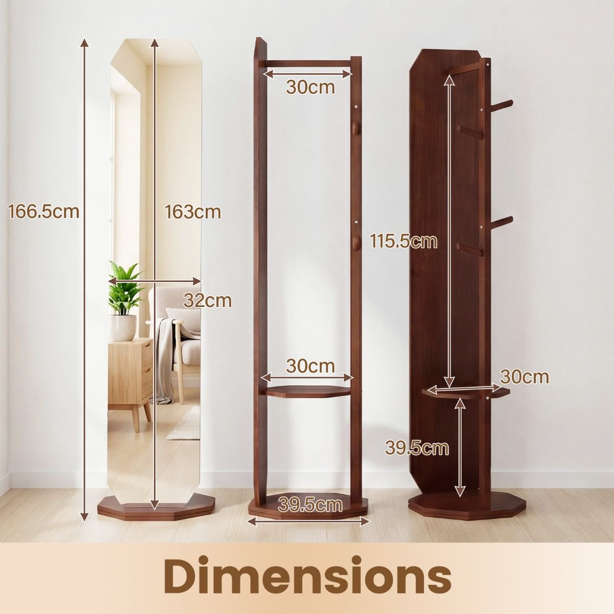 Coast Volledige Lichaamsspiegel met Standaard - 3-in-1 Garderobe - 360° Draaibaar - Walnoot